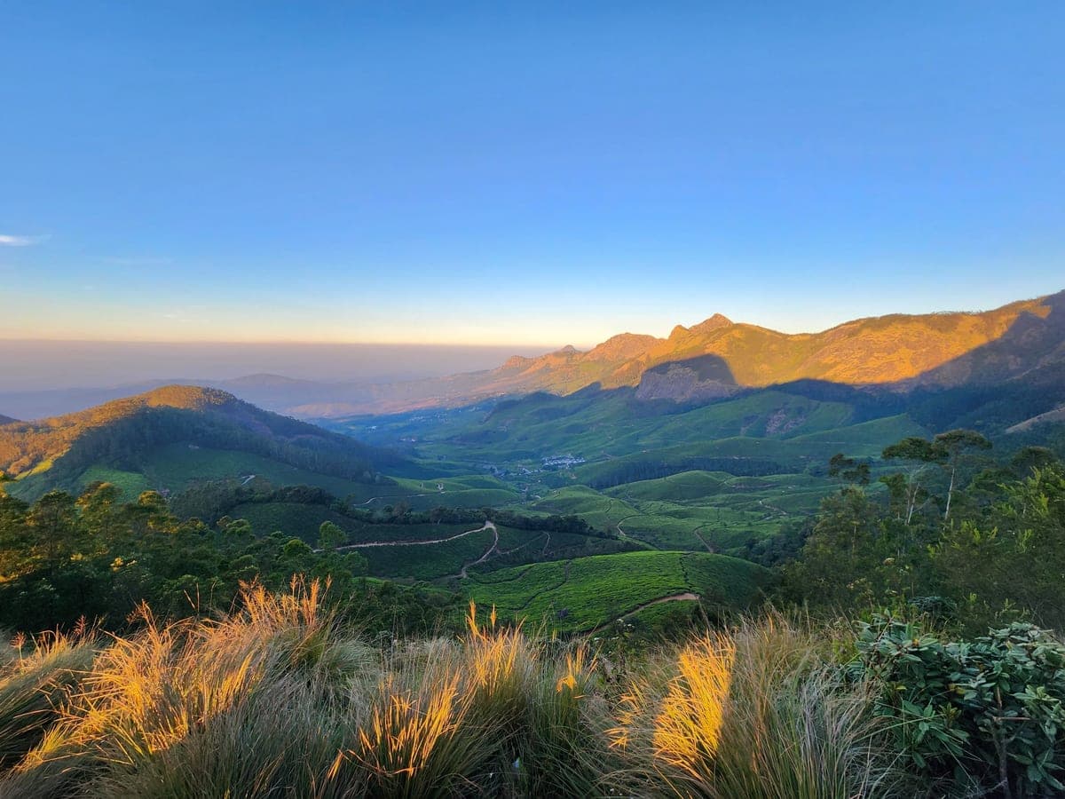 The High Range, Kerala — Sunrise over the tea plantations and the ranges beyond.