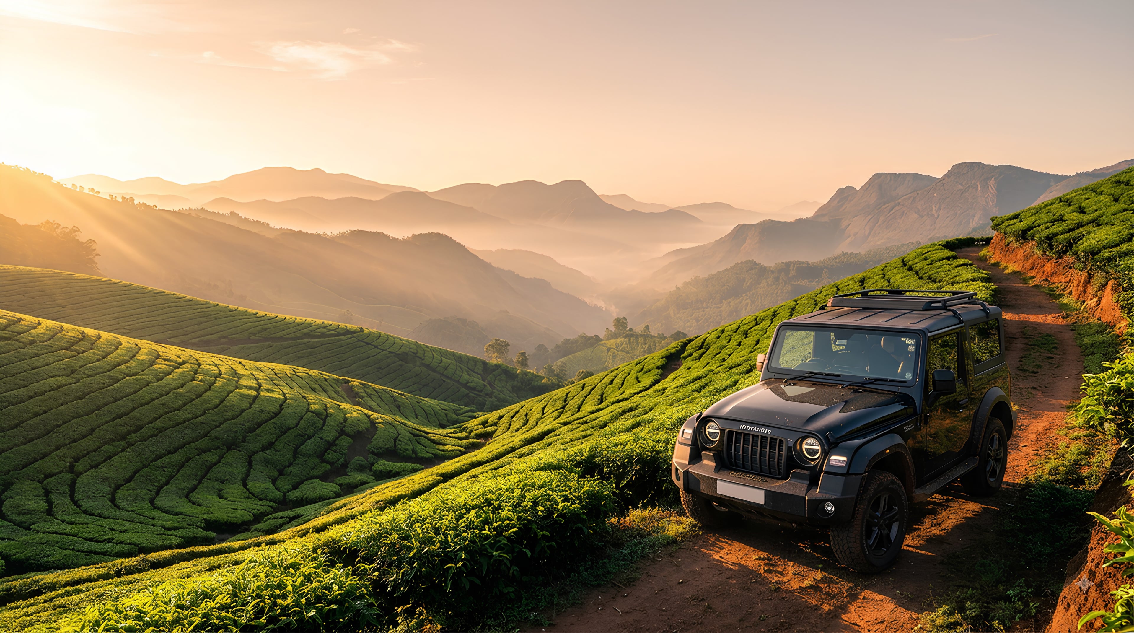 Mist rising over the terraced tea estates of Munnar in the Western Ghats at sunrise